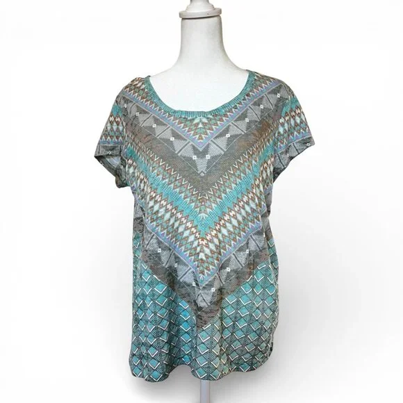 Prana XL Geo Print Hiking Top Teal REIcore Gorpcore Trail Active Tee - Picture 2 of 8